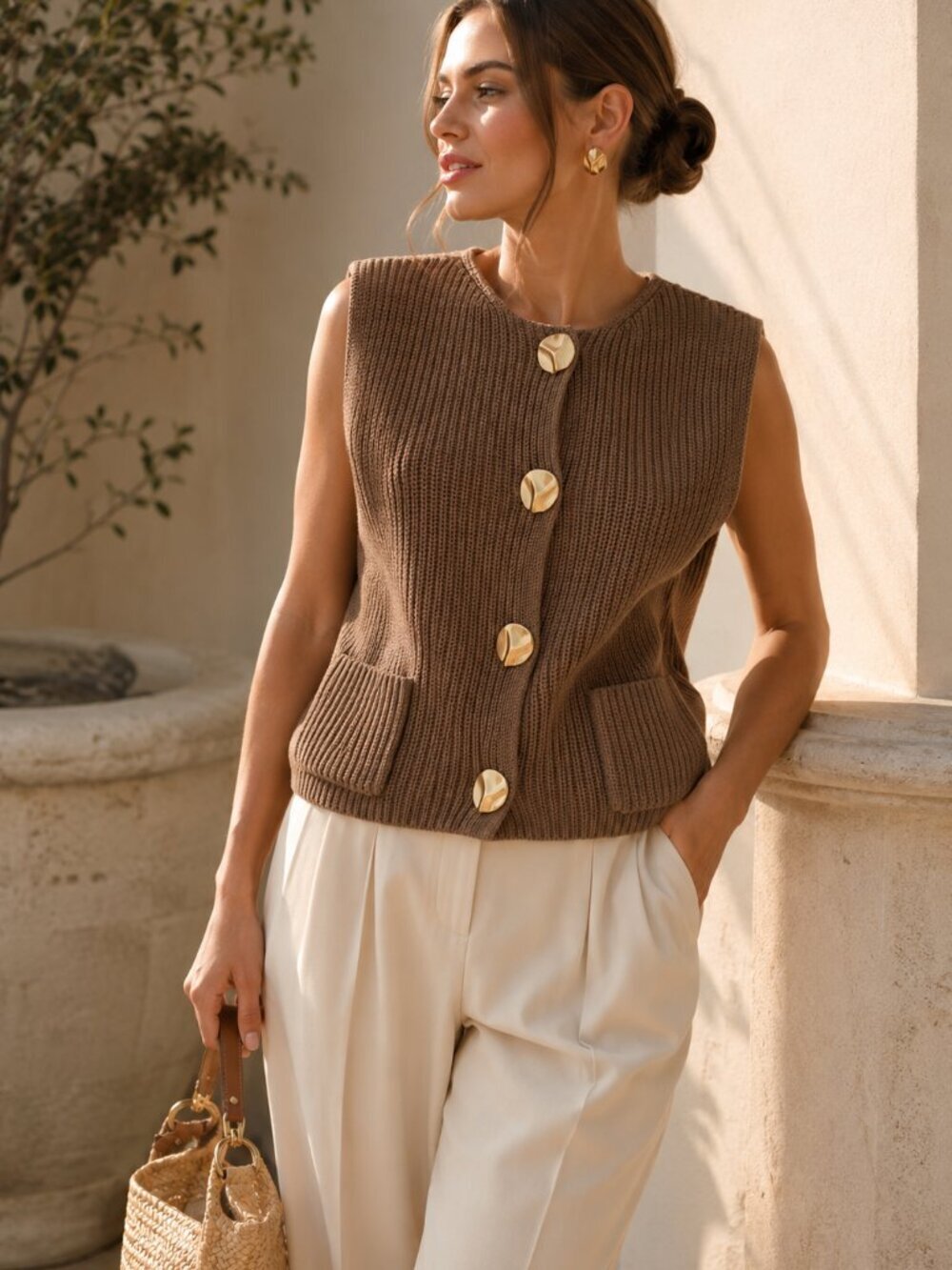 SOHO & STELLA Chunky Knit Gold Button Sweater Vest NWT in Cafe Mocha